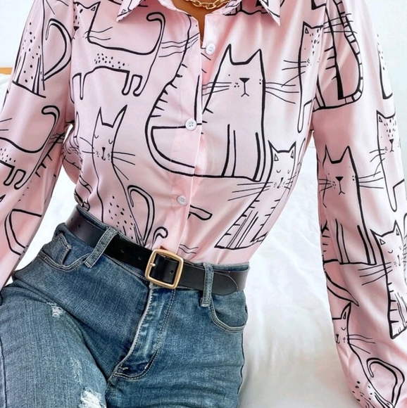 Cat Print Button Front Blouse - Picture 7 of 9